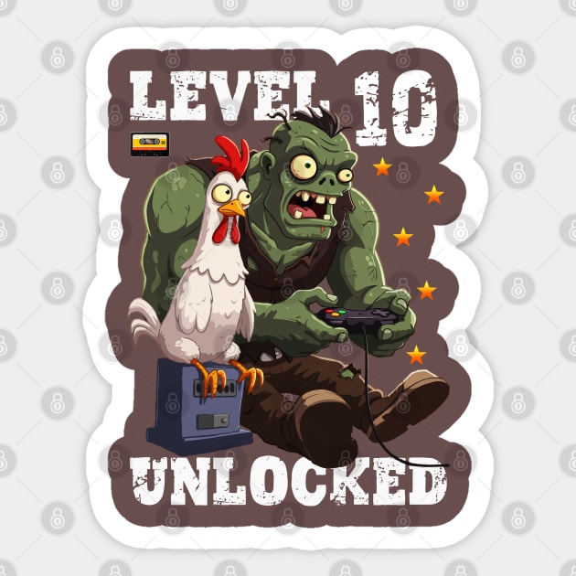 Level 10 Unlocked, Birthday - Zombie And Chicken Sticker by Megadorim